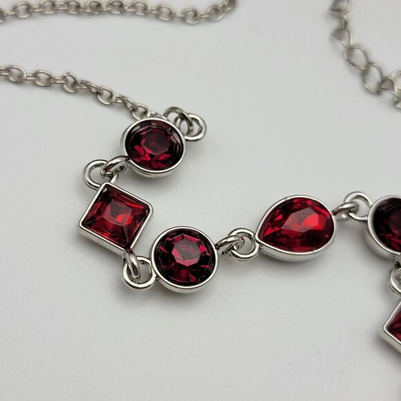 Silver-Tone Red Crystal Y-Drop Necklace 21 Inch Adjustable Lobster Clasp - Picture 3 of 6